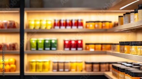 Warm-lit display shelves in a retail store, highlighting products naturally