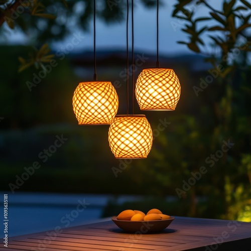Warm-lit hanging lamps over a garden table, creating a magical evening photo