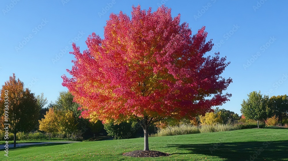 Naklejka premium Autumn Splendor: A Vibrant Red Maple Tree in a Sunny Meadow