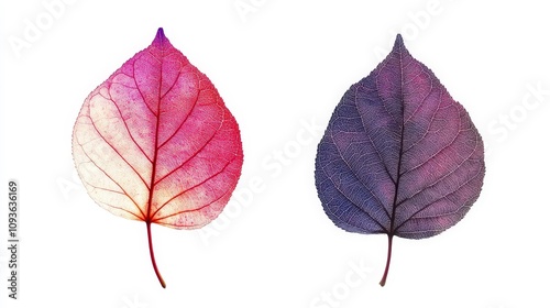 Vibrant leaves with intricate veins displaying gradient colors on white background