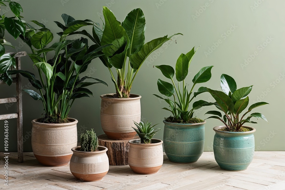 Fototapeta premium Stunning Indoor Plants in Ceramic Planters A Decor Collection for Green Spaces and Natural Growth