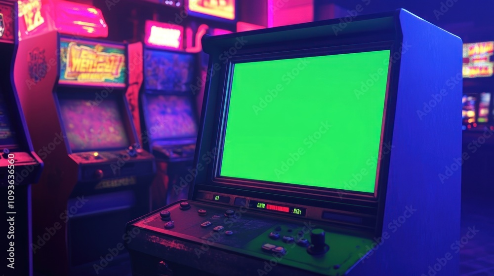 Retro Arcade Game Machine with Green Screen in Neon-Lit Room Retro Arcade Game Machine with Green Screen in Neon-Lit Room