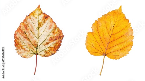 Autumn leaves displaying textures and colors on white background