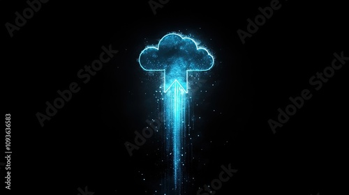 Glowing cloud upload icon with data stream.