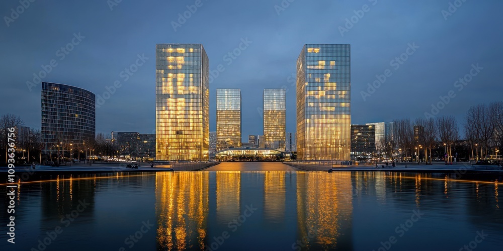 Obraz premium Illuminated Skyscrapers Reflected in a Calm Water Body at Twilight