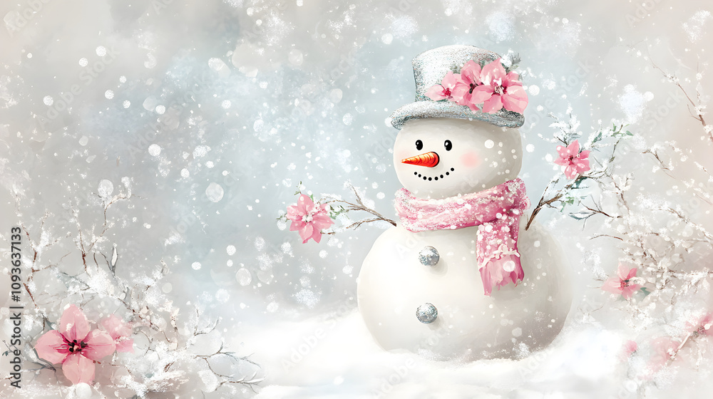 A cheerful snowman adorned with flowers and a scarf in a snowy landscape. A cheerful snowman adorned with flowers and a scarf in a snowy landscape.