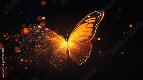 Glowing orange butterfly with sparkling dust trail on black background.