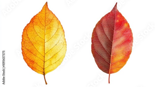 Vibrant autumn leaves: yellow and red transformation on white background