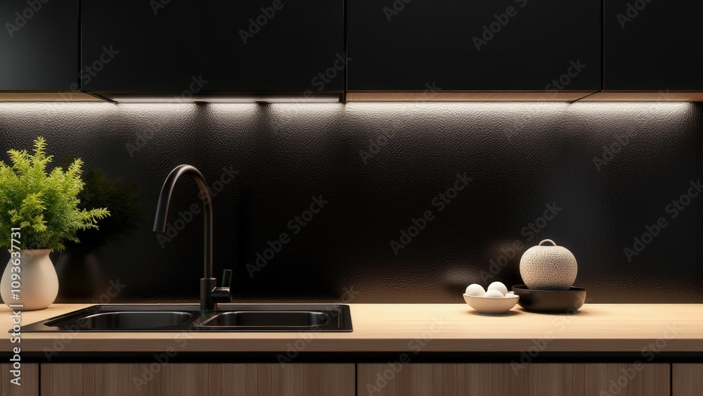 A bold black backsplash with a 3D textured surface is illuminated by under-cabinet LED lighting, contrasting with light wood finishes in a sleek modern kitchen. A bold black backsplash with a 3D textured surface is illuminated by under-cabinet LED lighting, contrasting with light wood finishes in a sleek modern kitchen.