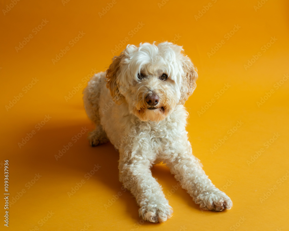 Horizontal view of beautiful female medium-sized cream goldendoodle lying down on orange seamless background staring with friendly expression
Horizontal view of beautiful female medium-sized cream goldendoodle lying down on orange seamless background staring with friendly expression