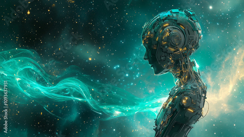 Futuristic Cybernetic Being with Neural Energy Flow in Outer Space