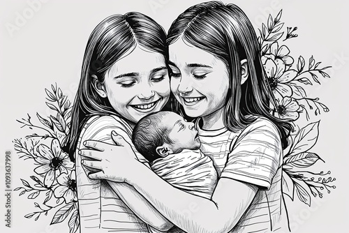 Sister Embracing Newborn in Ink Sketch Celebrating Family Bonds and Joyful Parenting Art