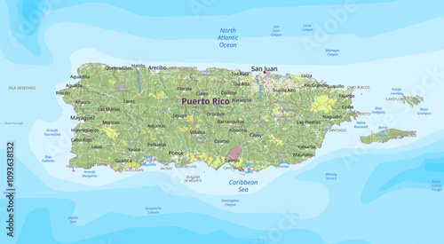 Physical political map of Puerto Rico
