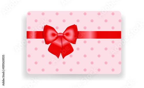 Vector Gift Card and Blank Gift Certificate with Silk Red Ribbon and Satin Bow and polka dot background. Greeting or Sale Card, Isolated. Birthday, Christmas, Party Gifts, Invitation Concept