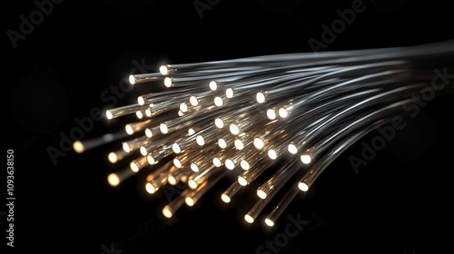 A cluster of optical fibers transmitting light signals, designed for high-speed internet connections. Presented as a detailed 3D illustration. photo