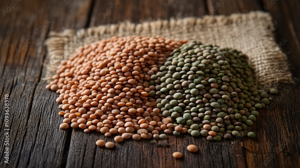 Realistic arrangement of a bunch of raw lentils with their varied shades of brown and green, a rustic wooden background Realistic arrangement of a bunch of raw lentils with their varied shades of brown and green, a rustic wooden background