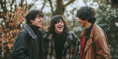 Three Young Men Laughing Together in a Forest