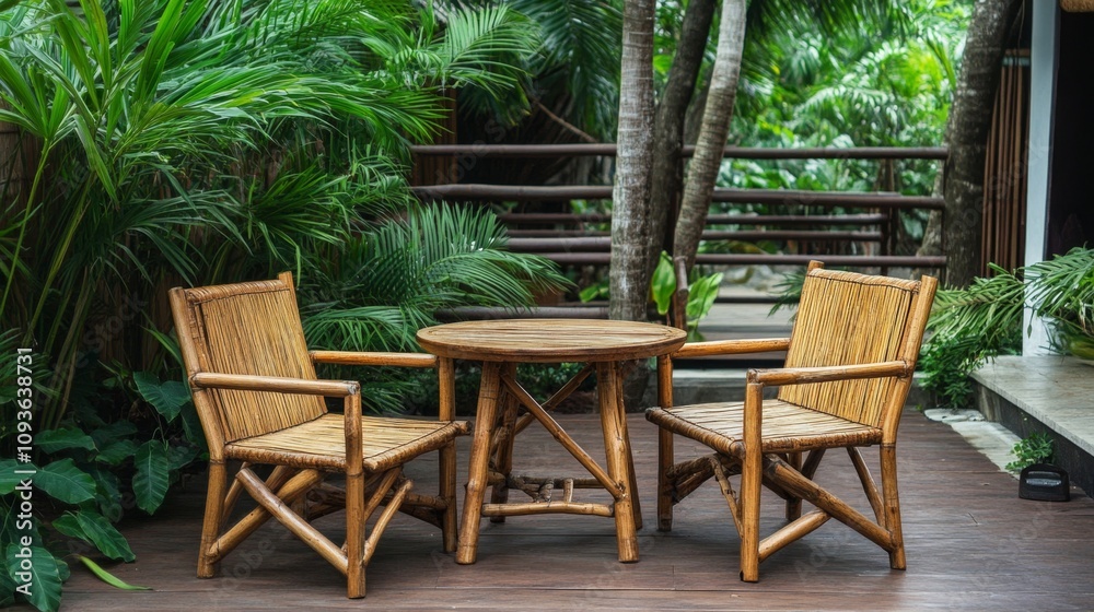 Bamboo Furniture Set in a Tropical Garden Bamboo Furniture Set in a Tropical Garden