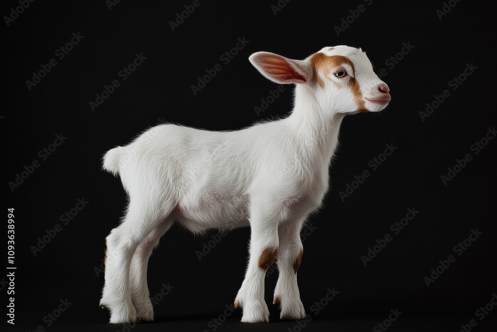 the beside view baby Anglo-Nubian goat standing, left side view, low angle, white copy space on right, Isolated on black Background the beside view baby Anglo-Nubian goat standing, left side view, low angle, white copy space on right, Isolated on black Background