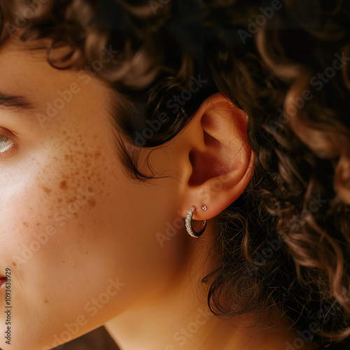 woman ear showcases elegant huggie earrings while revealing beautiful curls nearby photo