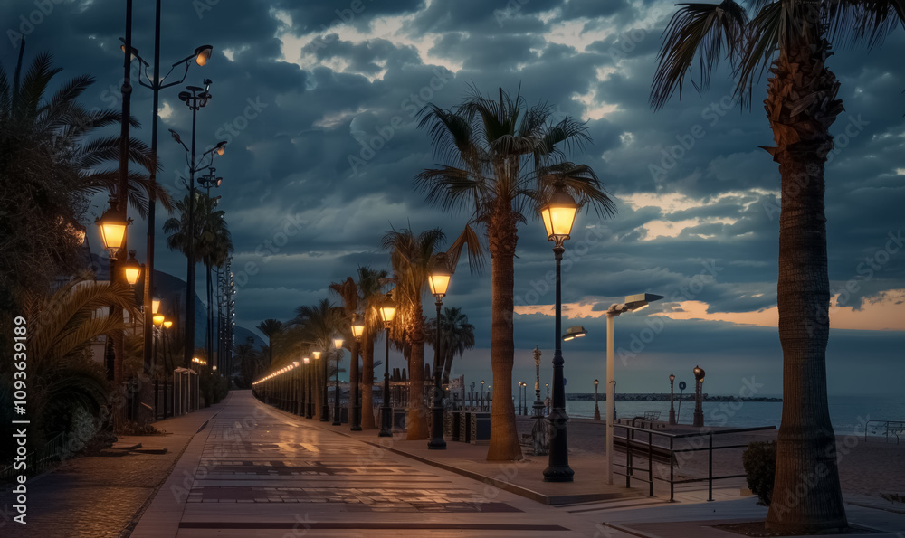 Obraz premium palm tree alley night at beautiful coastal town, tropical city illuminated street at evening