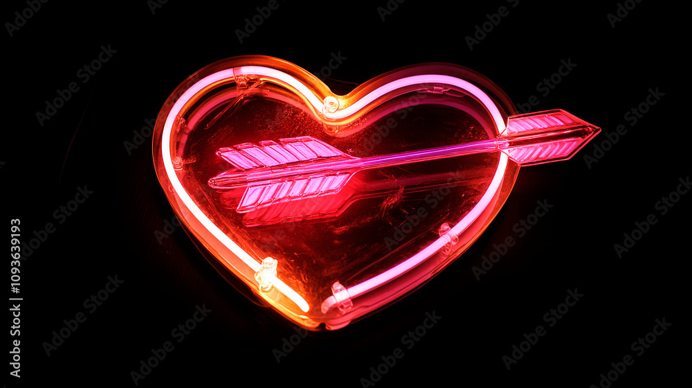 Neon LED Heart with Arrow and Pink Glow on Black Background Neon LED Heart with Arrow and Pink Glow on Black Background