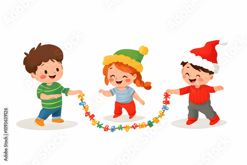 Kids play together, creating a vibrant letter chain and enjoying the festive atmosphere