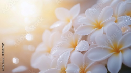 Close-up of dewy white plumeria blossoms in soft sunlight.