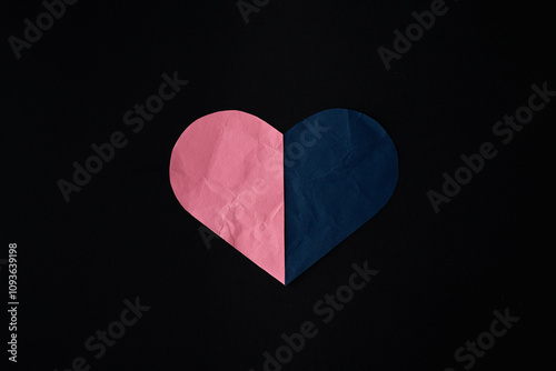 Obraz na plátně Pink & nay blue Paper heart on black background