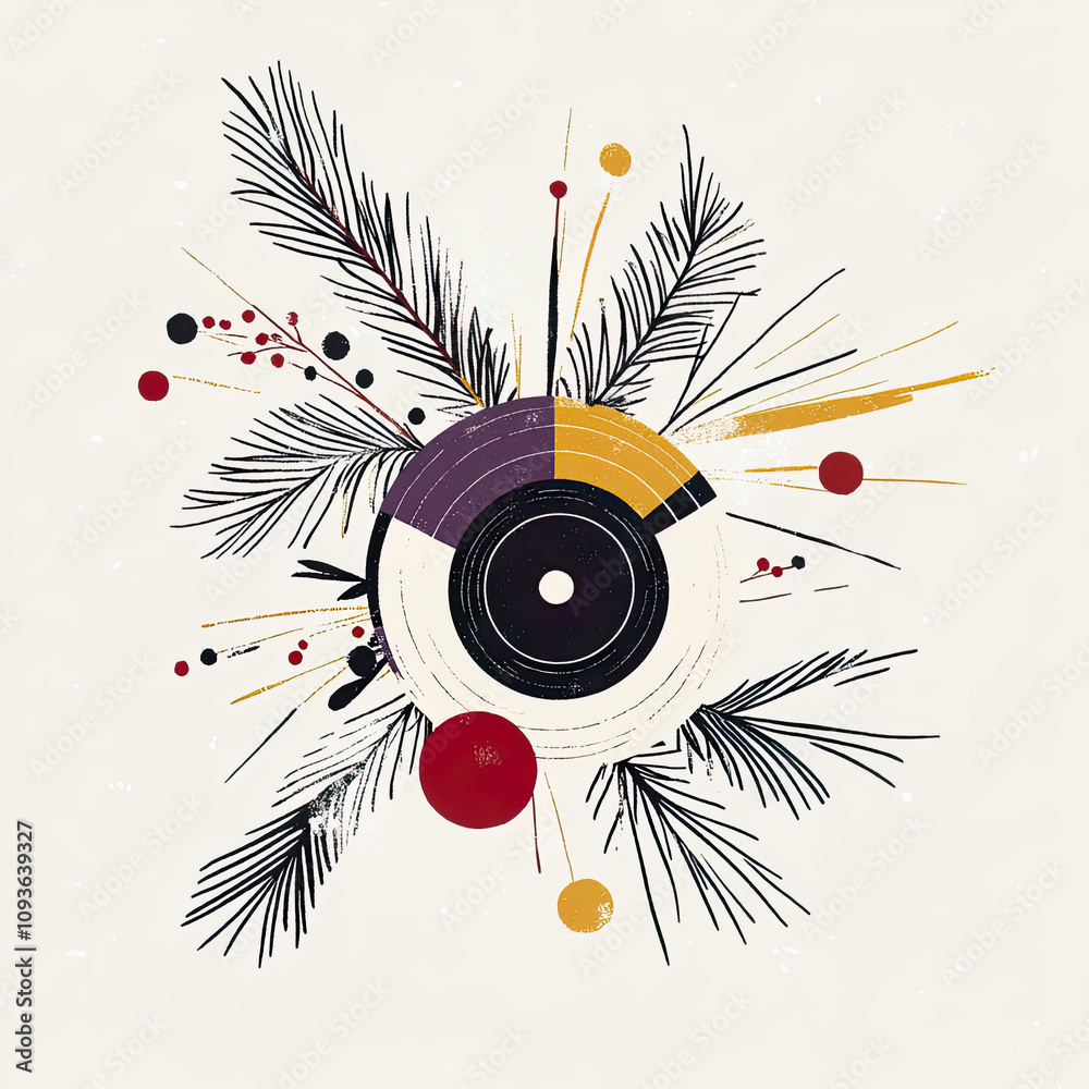 Fototapeta premium Minimalist Scandinavian folk art design featuring a Christmas vinyl record