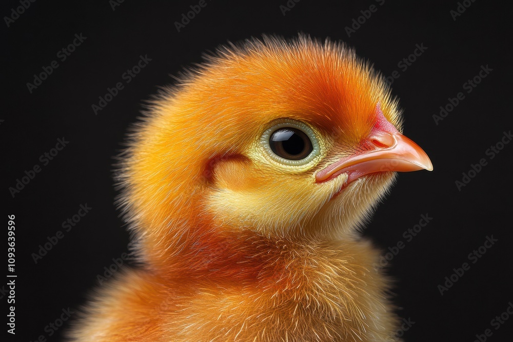 Mystic portrait of baby Wyandotte Chicken in studio, copy space on right side, Headshot, Close-up View, isolated on black background Mystic portrait of baby Wyandotte Chicken in studio, copy space on right side, Headshot, Close-up View, isolated on black background