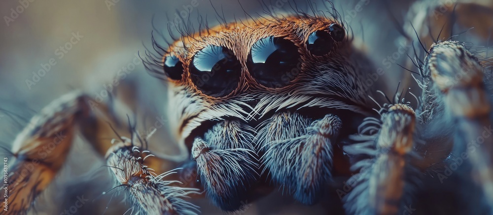 Close-up of a spider's face with large black eyes and hairy legs Close-up of a spider's face with large black eyes and hairy legs
