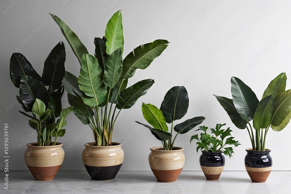 Stylish Ceramic Pots with Exotic Plants on Minimalist Background Stylish Ceramic Pots with Exotic Plants on Minimalist Background