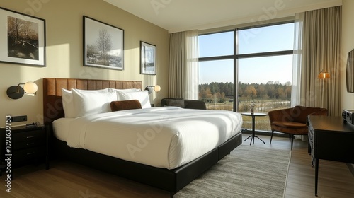 Bright and Modern Hotel Room with Large Window Overlooking Nature and Stylish Furnishings Ideal for Travel or Relaxation in a Serene Environment