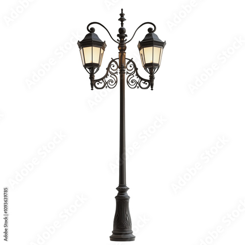 A vintage-style black street lamp post featuring two ornate lanterns, symmetrically placed on each side, emitting a soft glow