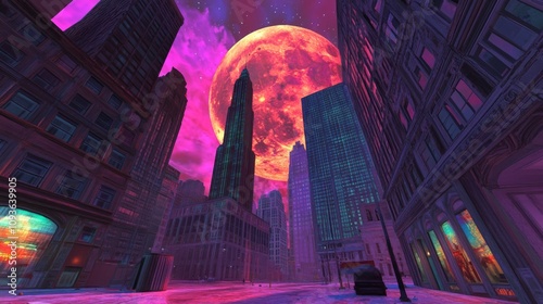 Futuristic Cityscape at Night Under a Giant Crimson Moon