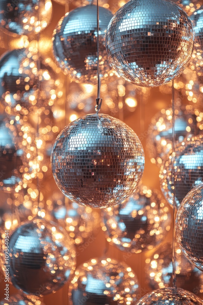 Obraz premium Bright white and silver ornaments on the Christmas tree against the background of bokeh Christmas lights. New Year, Christmas background. Disco balls