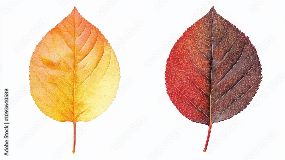 Obraz premium Vibrant autumn leaves in transition: yellow to deep red on white background