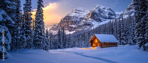 A illuminated log cabin nestles in deep snow beneath towering Rocky Mountain peaks at sunset, with snow-laden evergreen trees creating a natural frame. Generative AI.