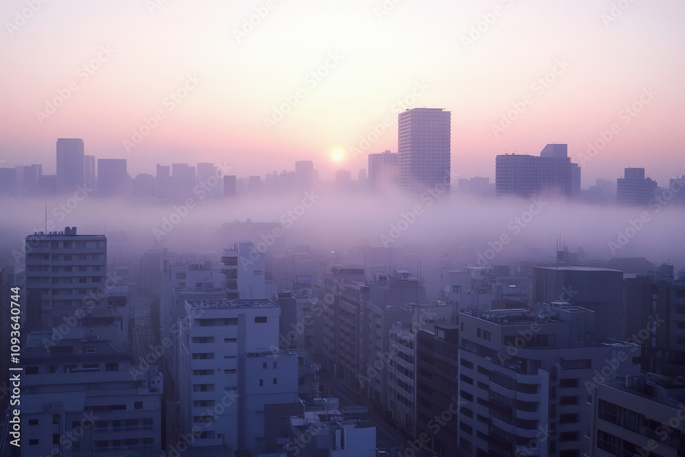 Fototapeta premium Foggy sunrise over skyscrapers in a bustling city creating a serene atmosphere