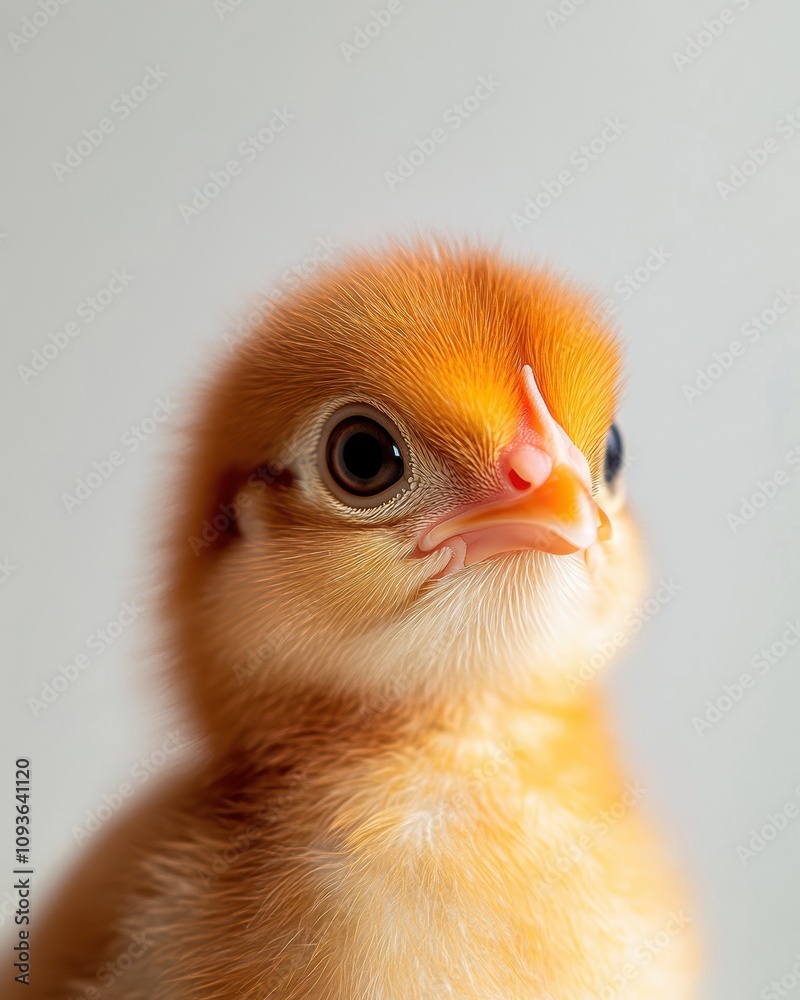 Mystic portrait of baby Rhode Island Red, copy space on right side, Headshot, Close-up View, isolated on white background Mystic portrait of baby Rhode Island Red, copy space on right side, Headshot, Close-up View, isolated on white background