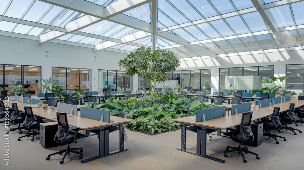 Naklejka premium Modern office space with bright glass ceiling, featuring lush greenery and collaborative workstations, promoting a productive and lively atmosphere.