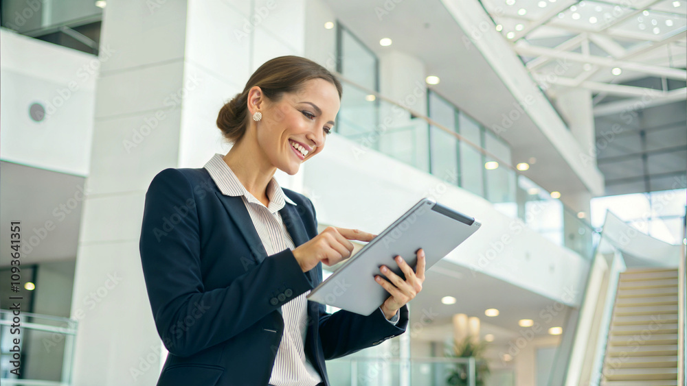 Portrait of beautiful elegant brunette businesswoman holding tablet, working in office with smile, business people
