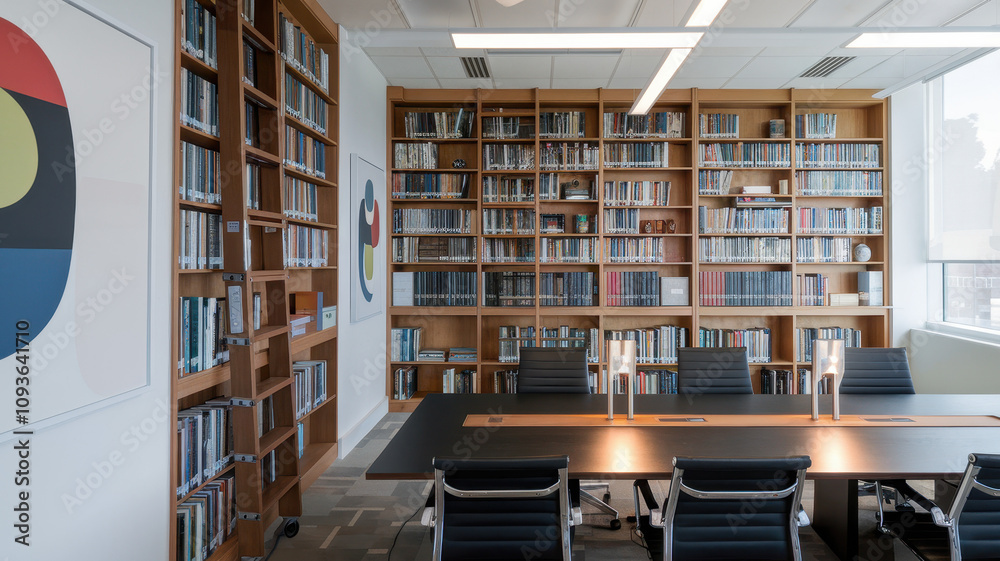 custom made wallpaper toronto digitalA modern, well-organized library featuring wooden shelves filled with books, a sleek conference table, and contemporary lighting.