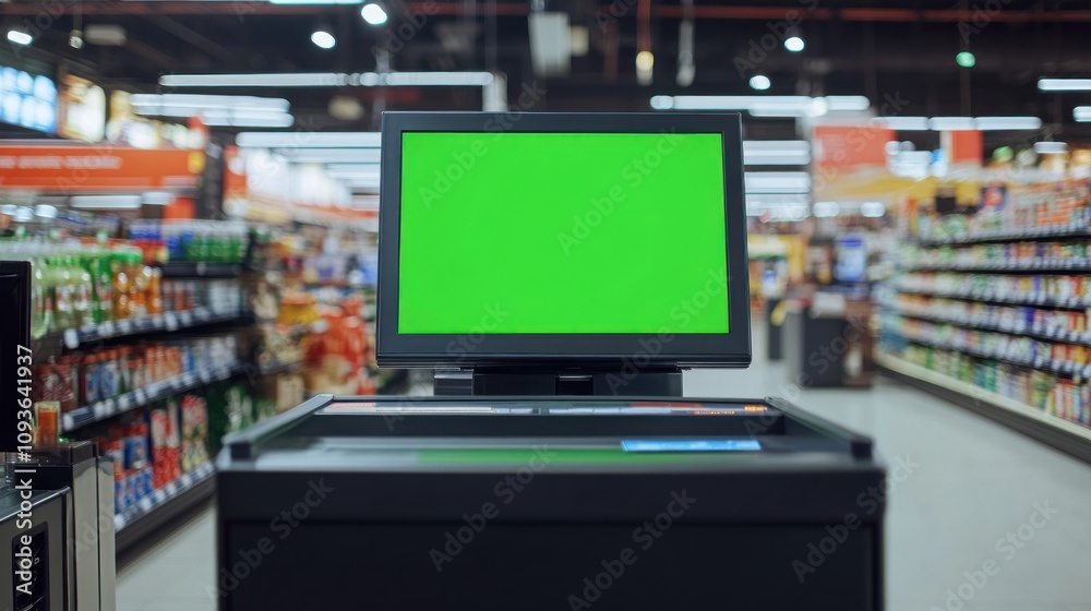 Fototapeta premium Green Screen Checkout Kiosk in Supermarket Aisle