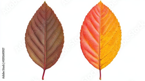 Contrast of two autumn leaves: brown to vibrant orange on white background