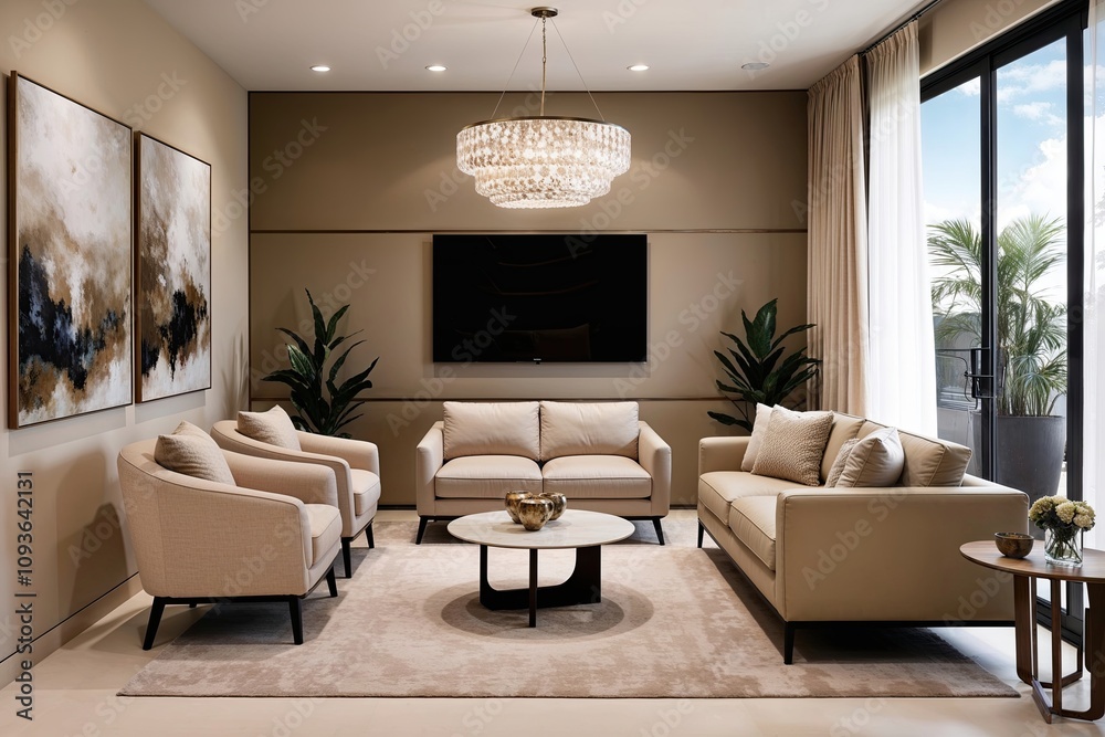 Fototapeta premium Contemporary Interior Design: Modern Table, Loveseat, and Coffee Seating in Soft Beige Setting
