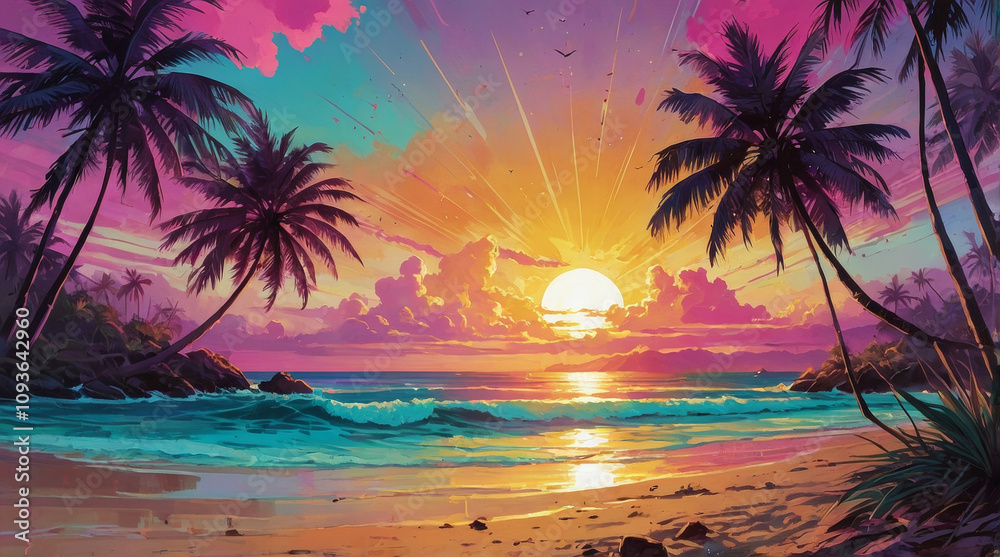 a tropical island beach with palm trees and sun painting illustration a tropical island beach with palm trees and sun painting illustration