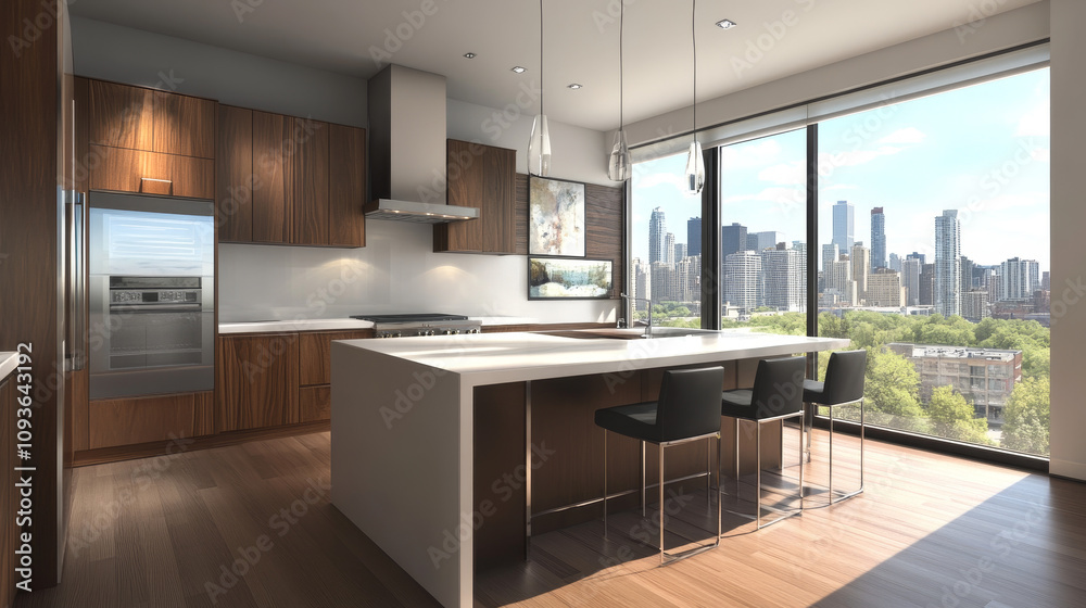 3D rendering of a modern minimalist kitchen showcasing clean lines and sleek cabinetry. The design features a neutral color palette, with shades of white, gray, and subtle wood accents,