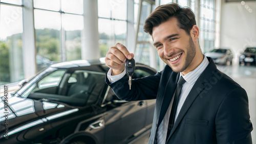 Obraz na płótnie Portrait of elegant handsome young man holding car keys of new car at saloon, auto salesman, people background w salonie